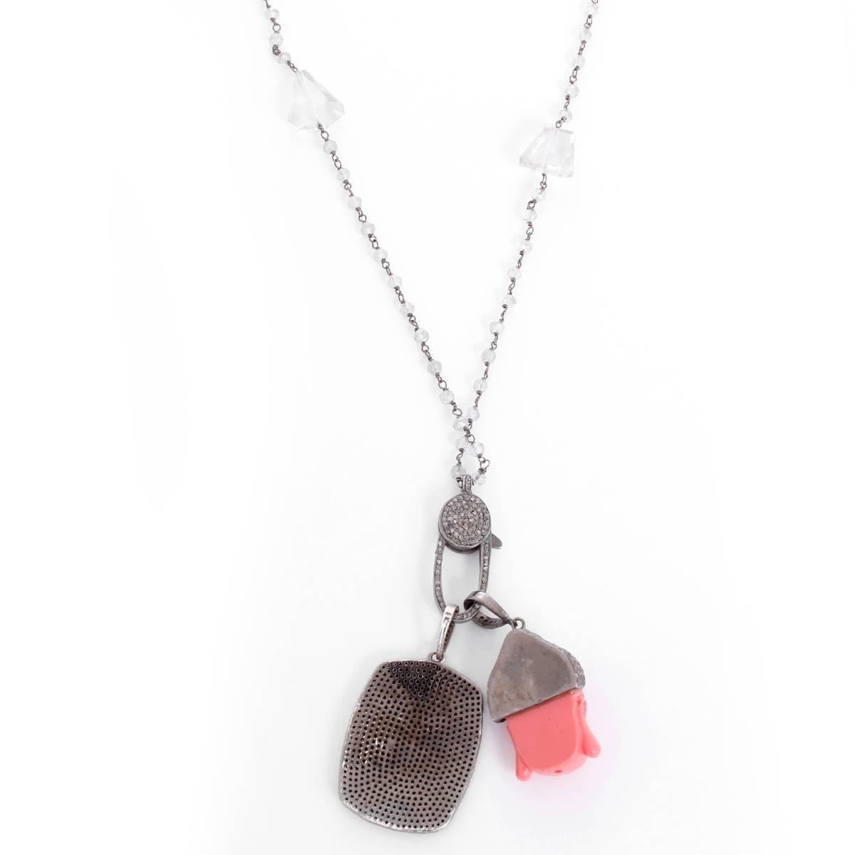 Clear Quartz, Diamond, Coral Buddha and Dog Tag Pendant Necklace In Excellent Condition For Sale In Dallas, TX