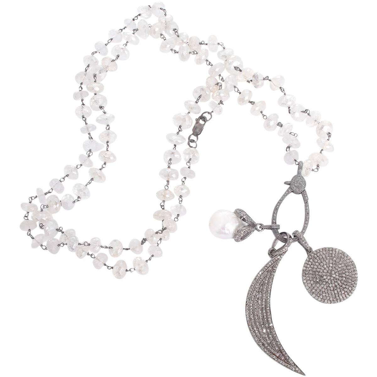 Boho Clear Quartz, Diamond, and Pearl Disc Moon Pendant Necklace For Sale