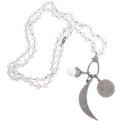 Boho Clear Quartz, Diamond, and Pearl Disc Moon Pendant Necklace