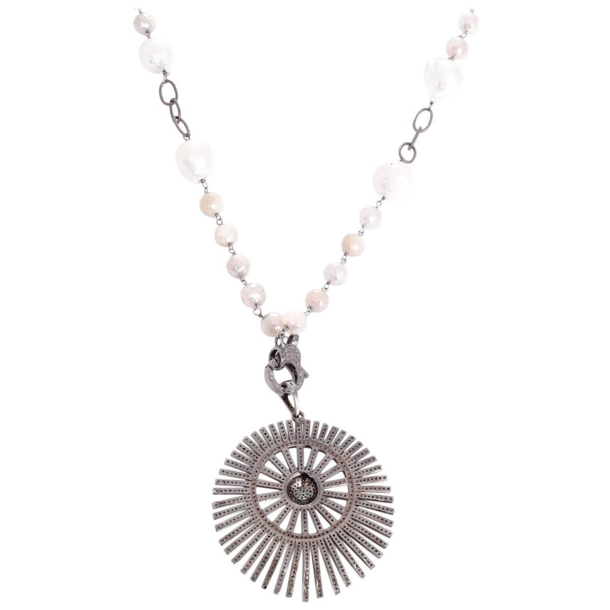 Bohemian Grey Moonstone, Freshwater Pearl, and Diamond Sunburst Pendant Necklace For Sale