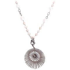 Bohemian Grey Moonstone, Freshwater Pearl, and Diamond Sunburst Pendant Necklace
