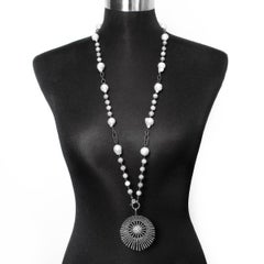 Bohemian Grey Moonstone, Freshwater Pearl, and Diamond Sunburst Pendant Necklace