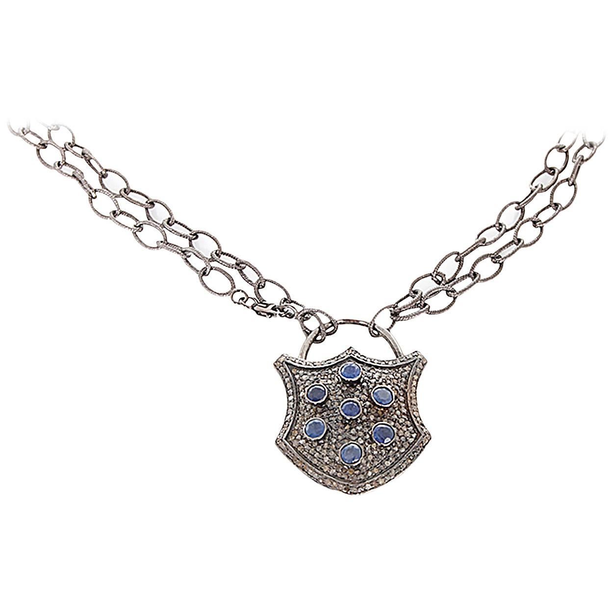 Blue Sapphire Diamond Oxidized Sterling Silver Padlock Necklace