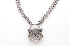 Blue Sapphire Diamond Oxidized Sterling Silver Padlock Necklace