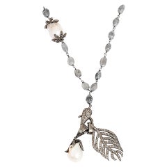 Bohemian Diamond Feather and Baroque Pearl Pendant Silver Necklace
