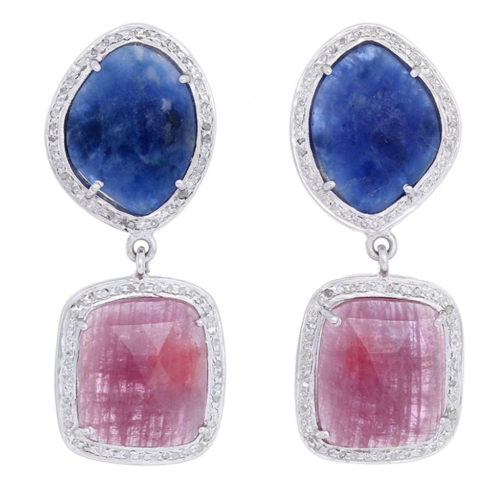 Bohemian Sapphire, Diamond, and Silver Earrings For Sale