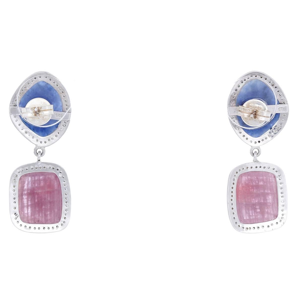 Bohemian Sapphire, Diamond, and Silver Earrings In New Condition For Sale In Dallas, TX