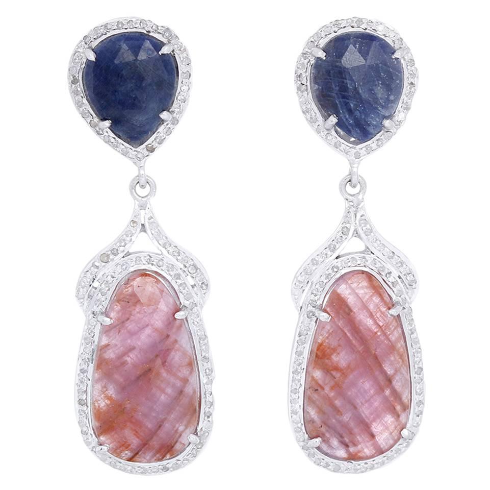 Amazing Natural Sapphire, Diamond, and Sterling Silver Earrings