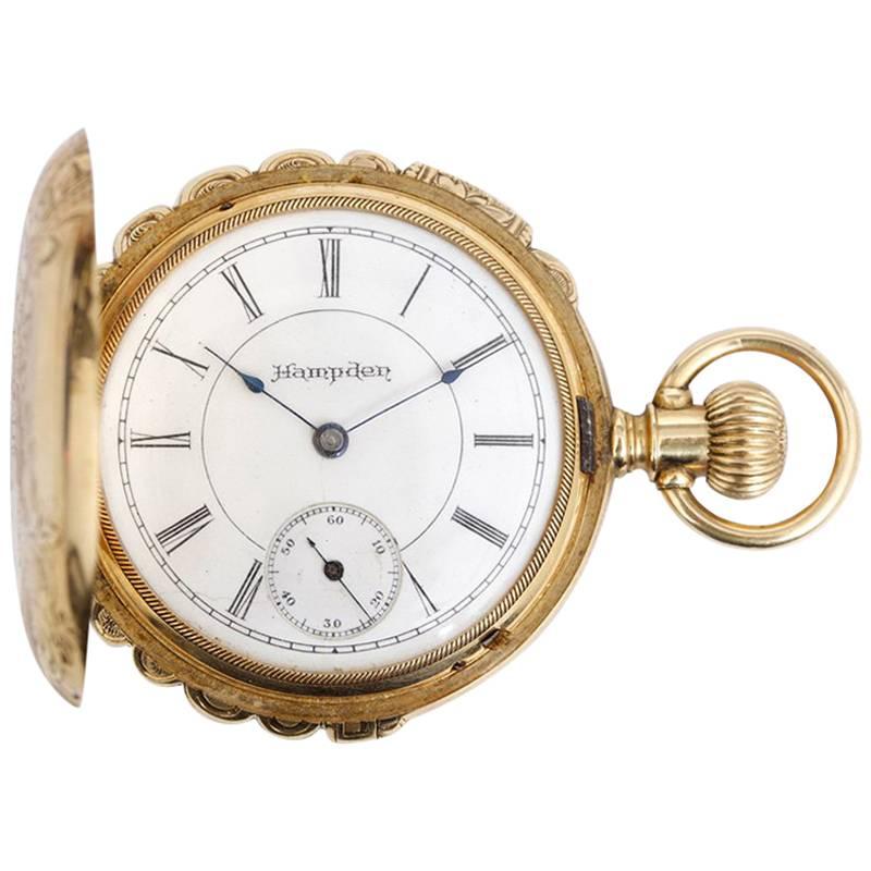Hampden Yellow Gold Scalloped Case Manual Winding Pocket Watch For Sale