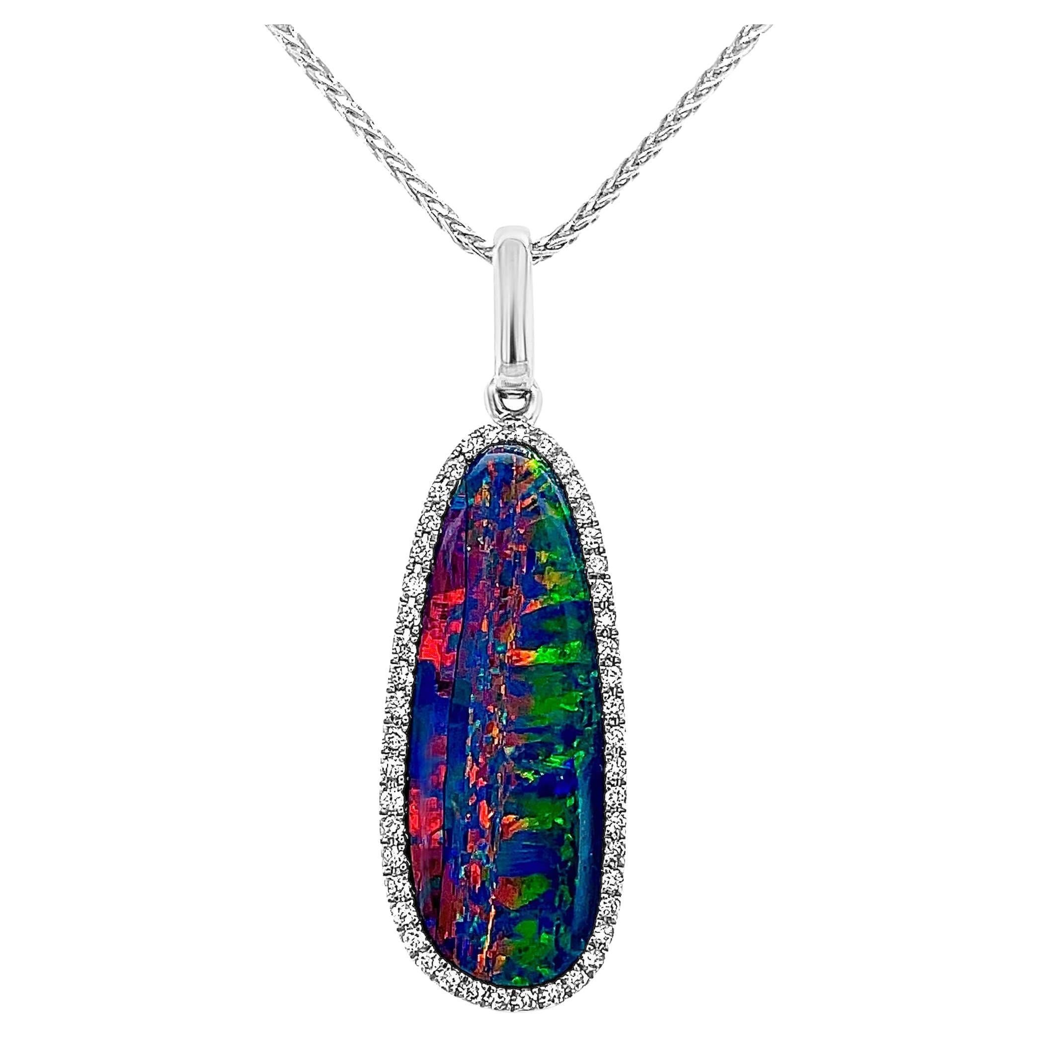 Australian 6.79ct Opal Doublet and Diamond Necklace in 18K White Gold