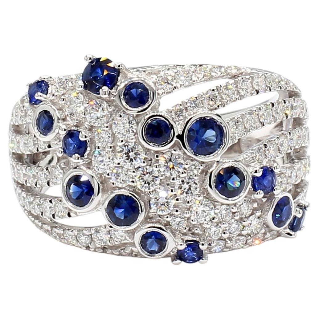 Natural Blue Round Sapphire and White Diamond 1.49 Carat TW Gold Cocktail Band For Sale