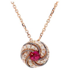Natural Round Red Ruby and White Diamond .35 Carat TW Rose Gold Pendant