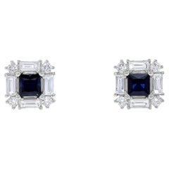 Natural Blue Princess Sapphire and White Diamond 1.4 Carat TW Gold Stud Earrings
