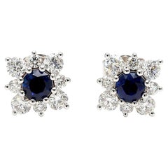 Natural Blue Round Sapphire and Diamond 1.51 Carat TW Gold Stud Earrings