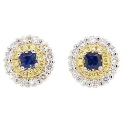 Natural Blue Princess Sapphire and Diamond 1.05 Carat TW Gold Stud Earrings
