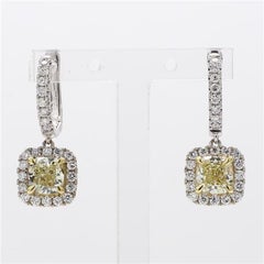 Natural Yellow Cushion and White Diamond 2.36 Carat TW Gold Drop Earrings