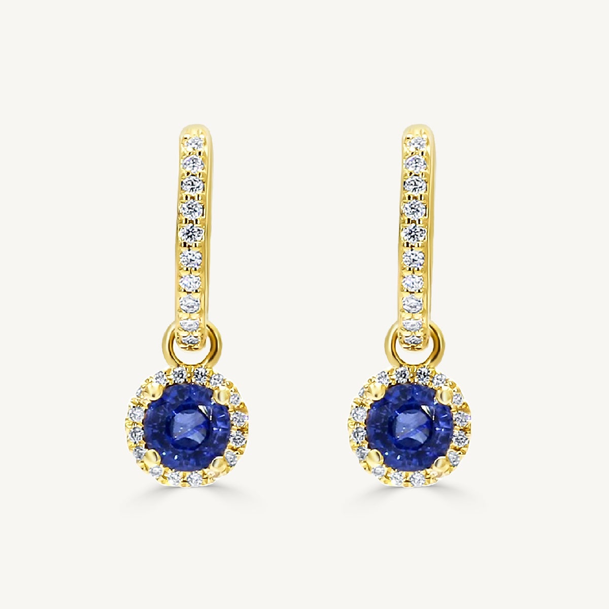 Natural Blue Round Sapphire and White Diamond 2.12 Carat TW Gold Drop Earrings For Sale