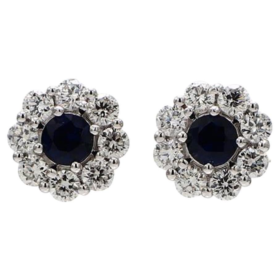 Natural Blue Round Sapphire and White Diamond 1.73 Carat TW Gold Stud Earrings For Sale