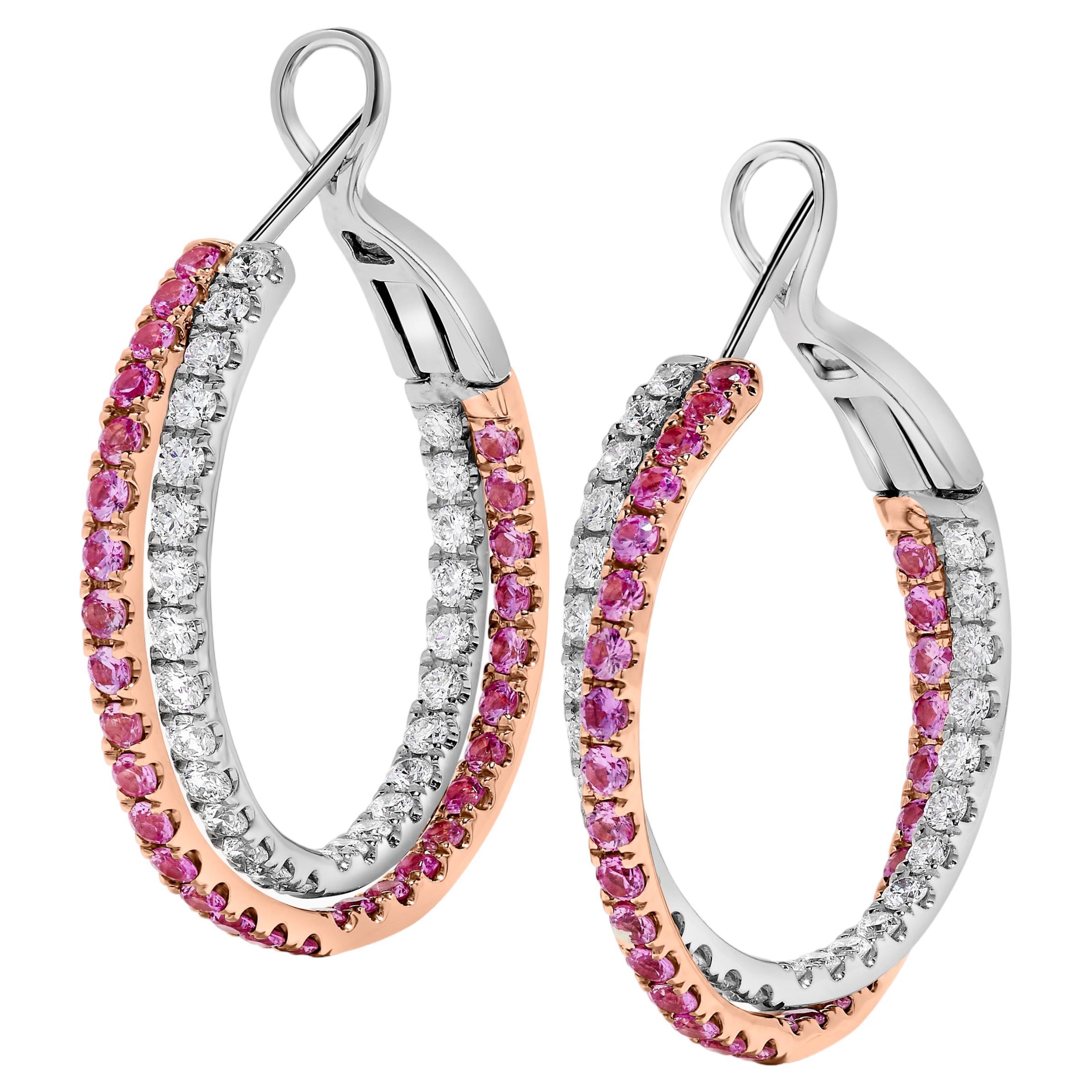 Natural Pink Round Sapphire and White Diamond 3.02 Carat TW Rose Gold Earrings For Sale