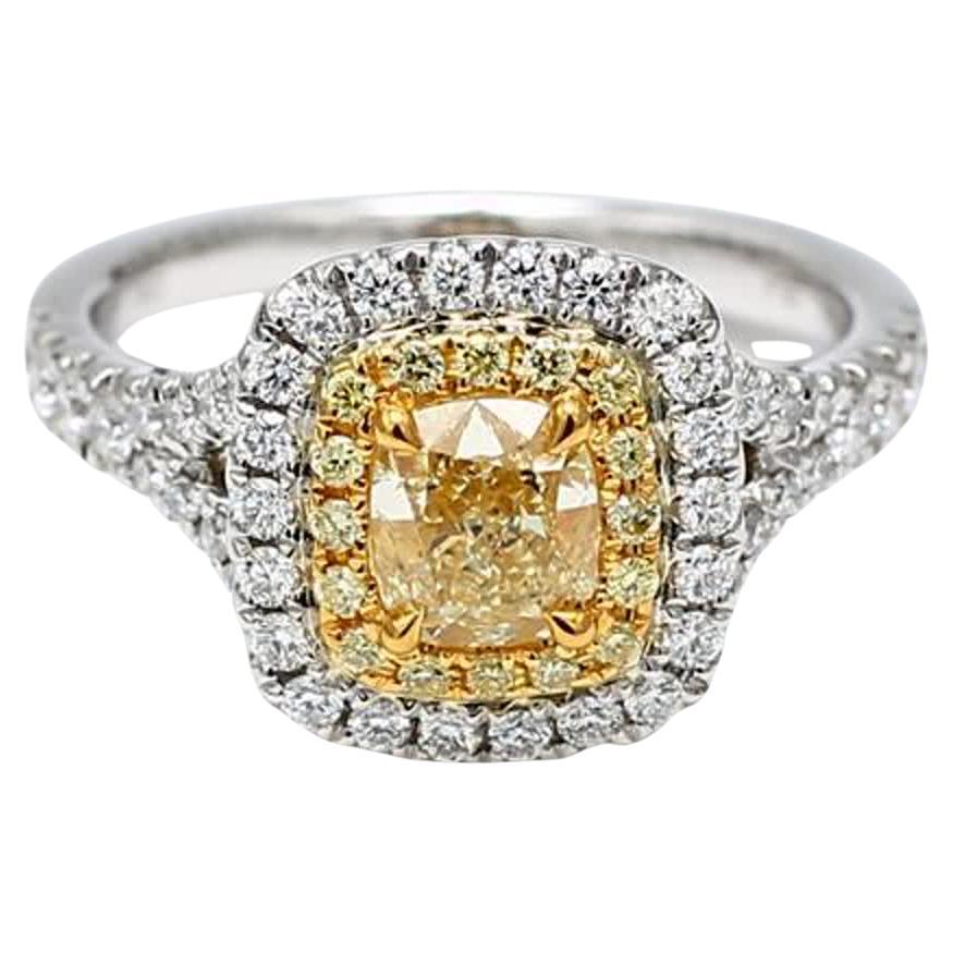 GIA Certified Natural Yellow Cushion and White Diamond 1.51 Carat TW Plat Ring For Sale
