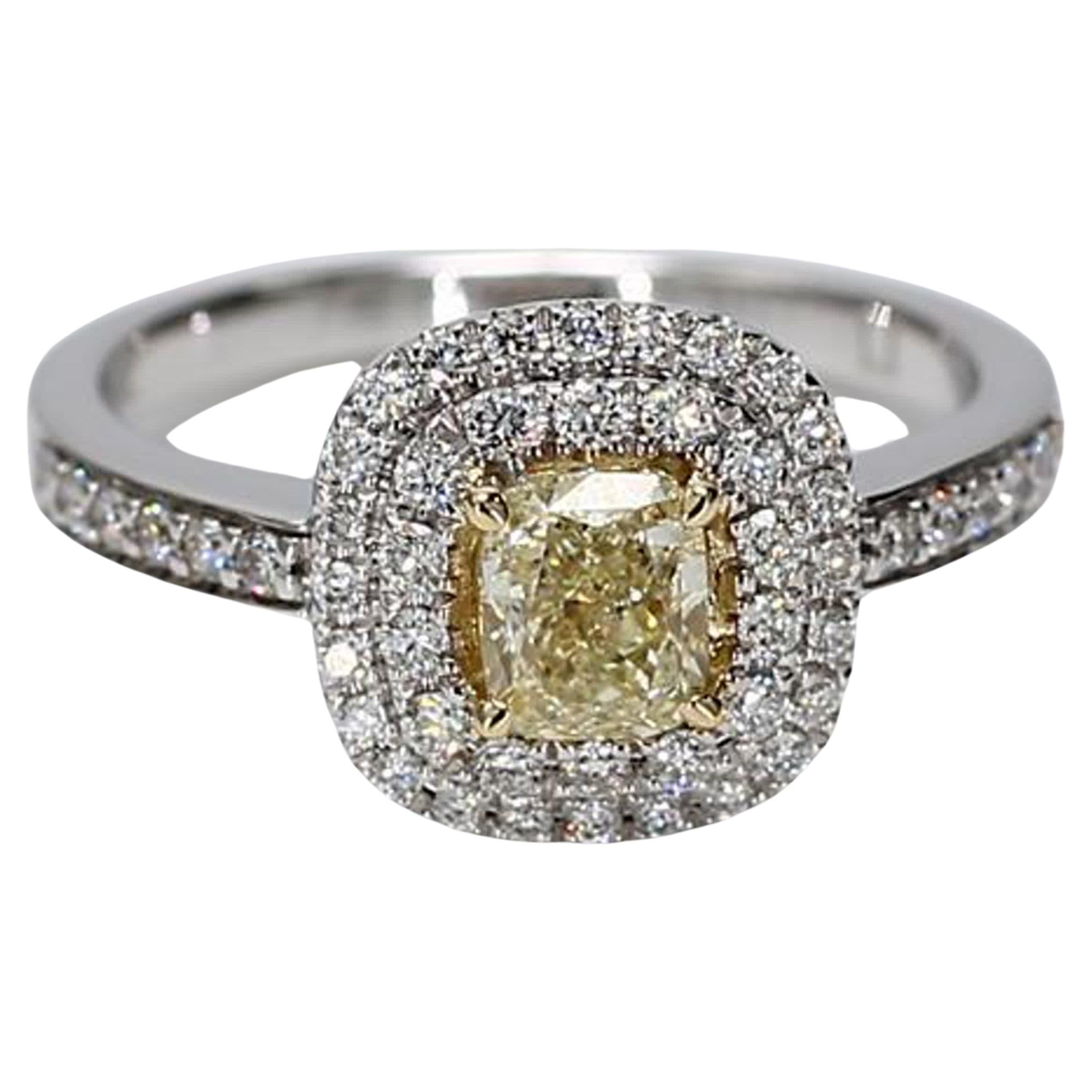 Natural Yellow Cushion and White Diamond 1.10 Carat TW Gold Cocktail Ring For Sale