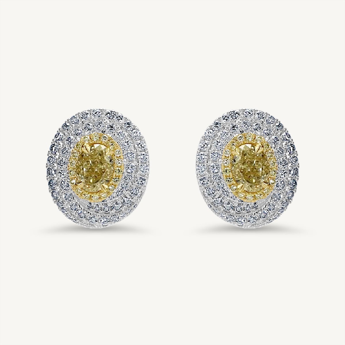 Natural Yellow Oval and White Diamond 3.02 Carat TW Gold Stud Earrings