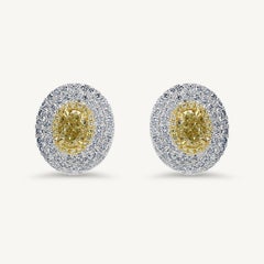 Natural Yellow Oval and White Diamond 3.02 Carat TW Gold Stud Earrings