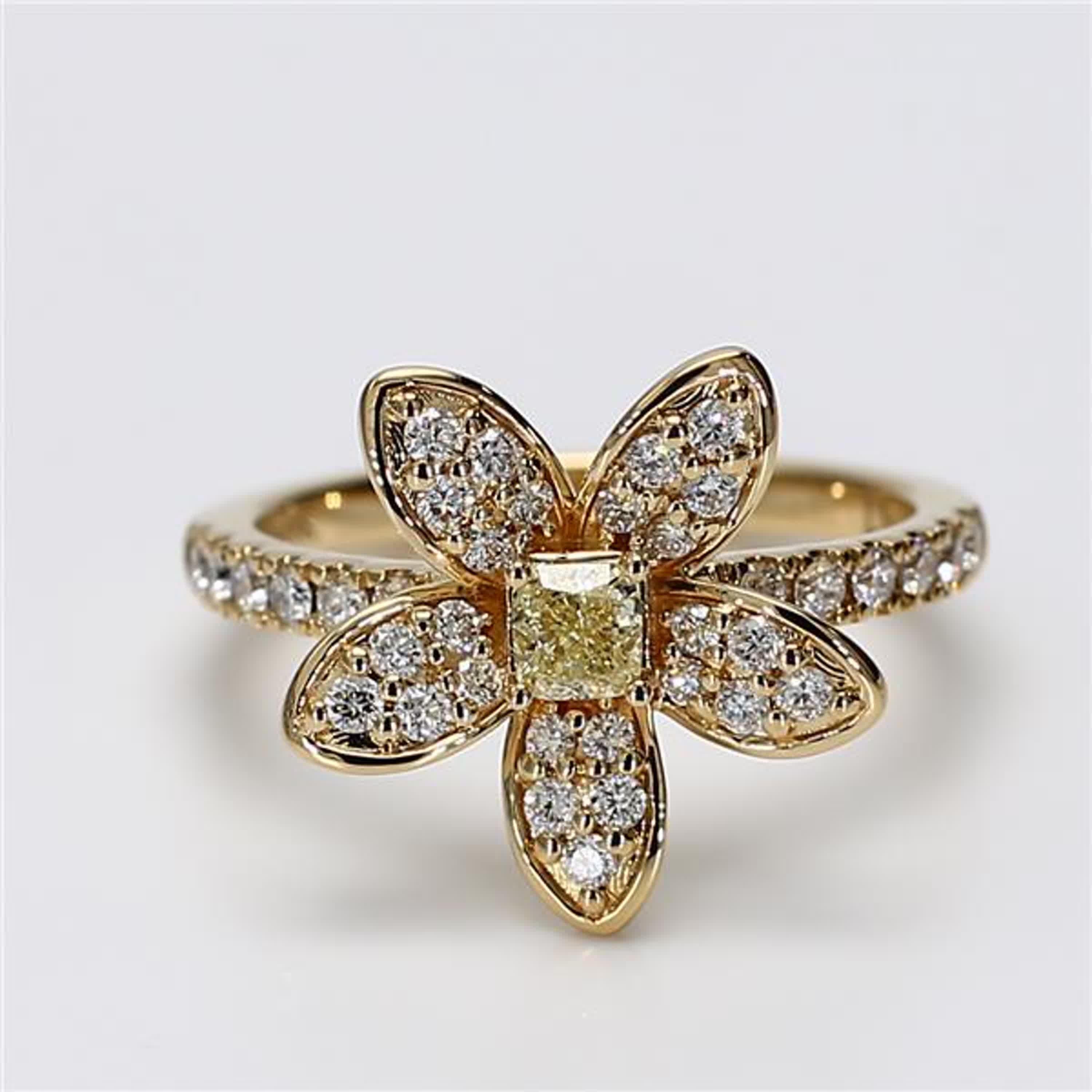 Natural Yellow Cushion and White Diamond .76 Carat TW Gold Cocktail Ring For Sale