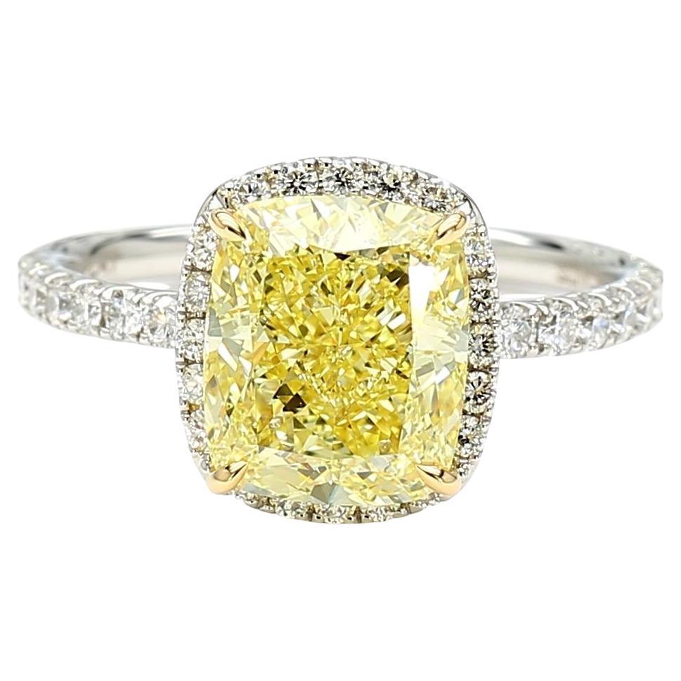 GIA Certified Fancy Intense Yellow Cushion Diamond 4.19 Carat TW Gold Ring