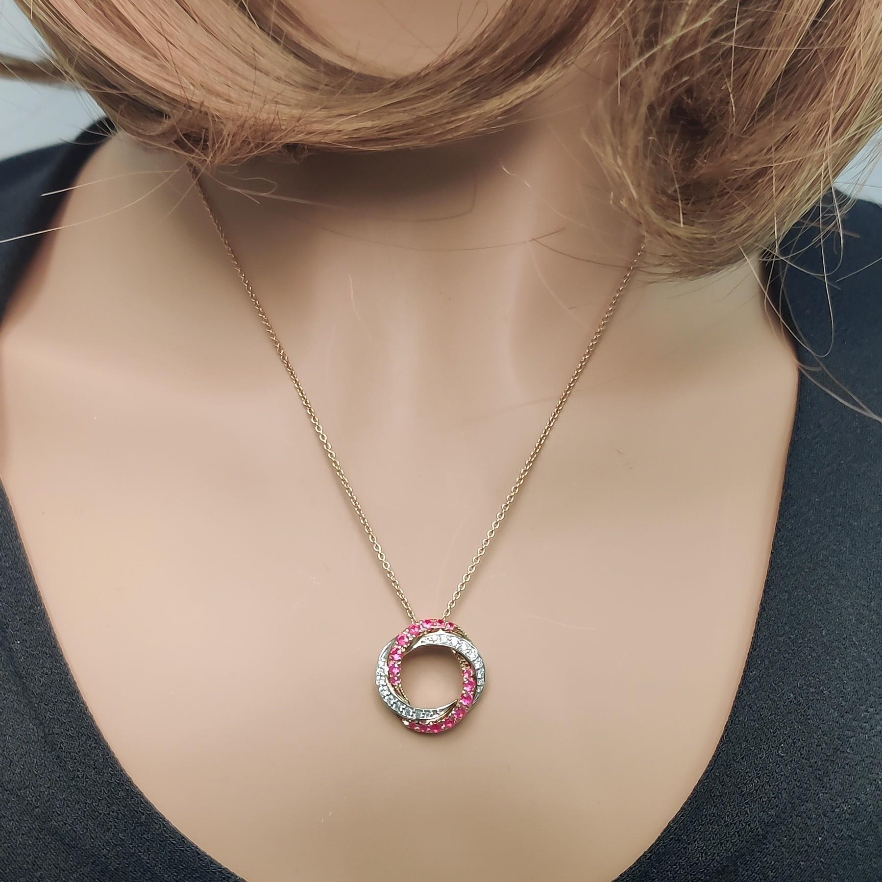 Natural Round Red Ruby and White Diamond .78 Carat TW Rose Gold Drop Pendant In New Condition For Sale In New York, NY