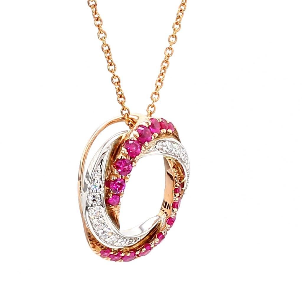 Round Cut Natural Round Red Ruby and White Diamond .78 Carat TW Rose Gold Drop Pendant For Sale