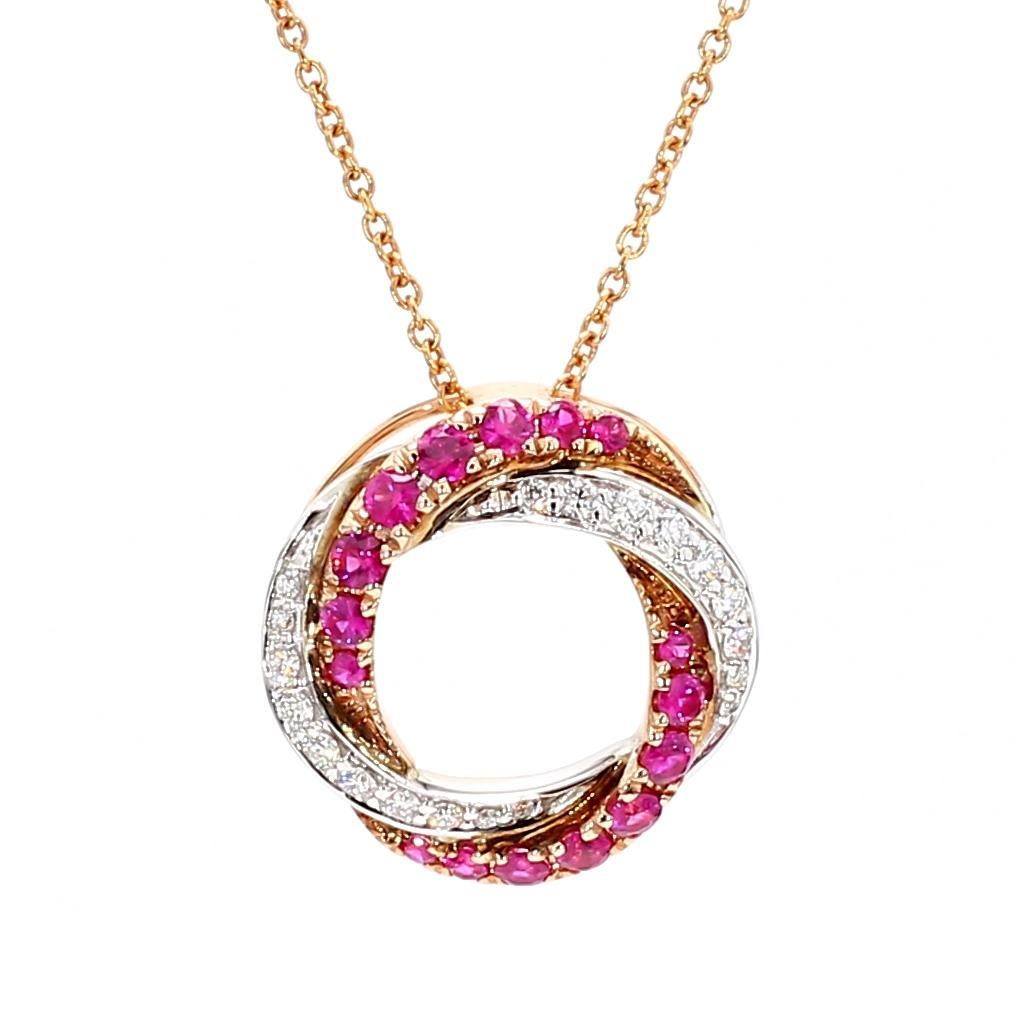 Contemporary Natural Round Red Ruby and White Diamond .78 Carat TW Rose Gold Drop Pendant For Sale