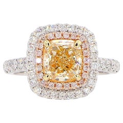 GIA Certified Natural Yellow Cushion Diamond 2.64 Carat TW Gold Cocktail Ring