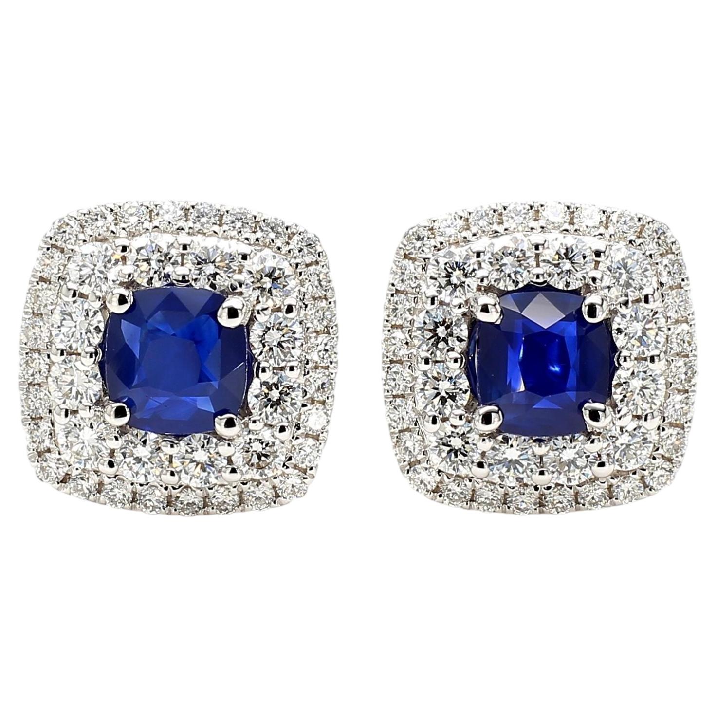 Natural Blue Cushion Sapphire and White Diamond 3.62 Carat TW Gold Stud Earrings For Sale