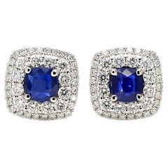 Natural Blue Cushion Sapphire and White Diamond 3.62 Carat TW Gold Stud Earrings