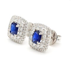 Natural Blue Cushion Sapphire and White Diamond 3.62 Carat TW Gold Stud Earrings