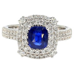 Natural Blue Cushion Sapphire and White Diamond 1.60 Carat TW Gold Cocktail Ring