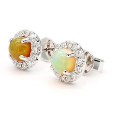 Natürlicher runder Opal und weißer Diamant 1,86 Karat TW Weißgold-Ohrstecker