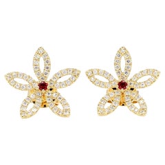 Natural Round Ruby and White Diamond 0.58 Carat TW Gold Earrings