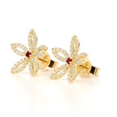 Natural Round Ruby and White Diamond 0.58 Carat TW Gold Earrings