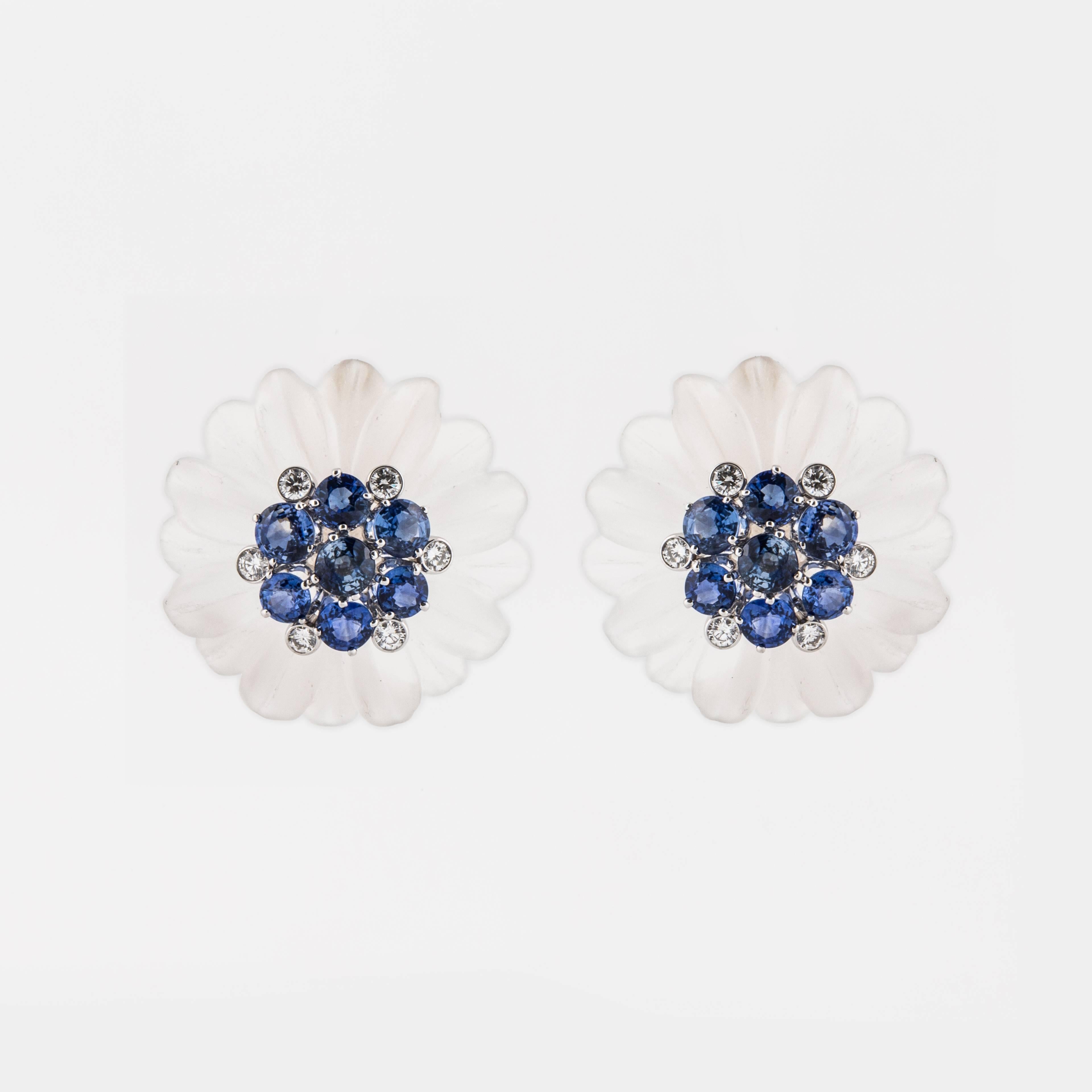 Rock crystal, sapphire and diamond earrings marked 