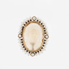 French Carved Citrine Pearl and Diamond Cameo Brooch in 18K Rose Gold