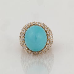 18K Yellow Gold Turquoise & Diamond Dome Ring, Mid-Century