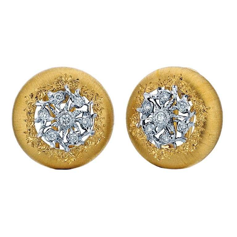 Buccellati 18K Two-Tone Gold Diamond Button Earrings