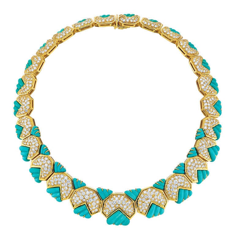 Hammerman Bros. 18K Yellow Gold Turquoise and Diamond Necklace For Sale