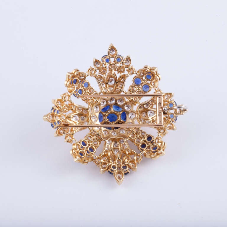 Round Cut Sapphire and Diamond Brooch in 18K Gold