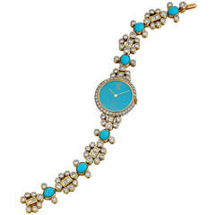 Adler Lady's Yellow Gold, Turquoise and Diamond Bracelet Watch 2