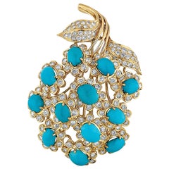 David Webb Broche fleur en or 18 carats, turquoise et diamants