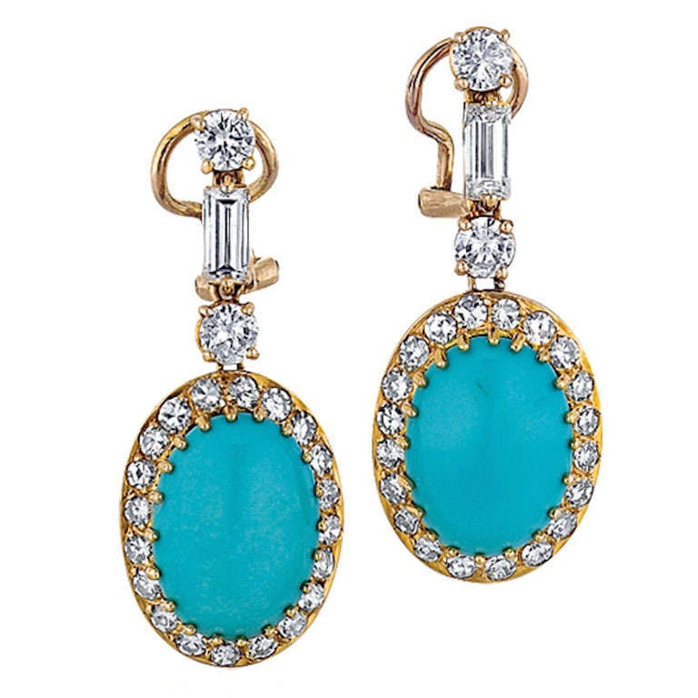Turquoise, Diamond, and Yellow Gold Earrings For Sale at 1stdibs