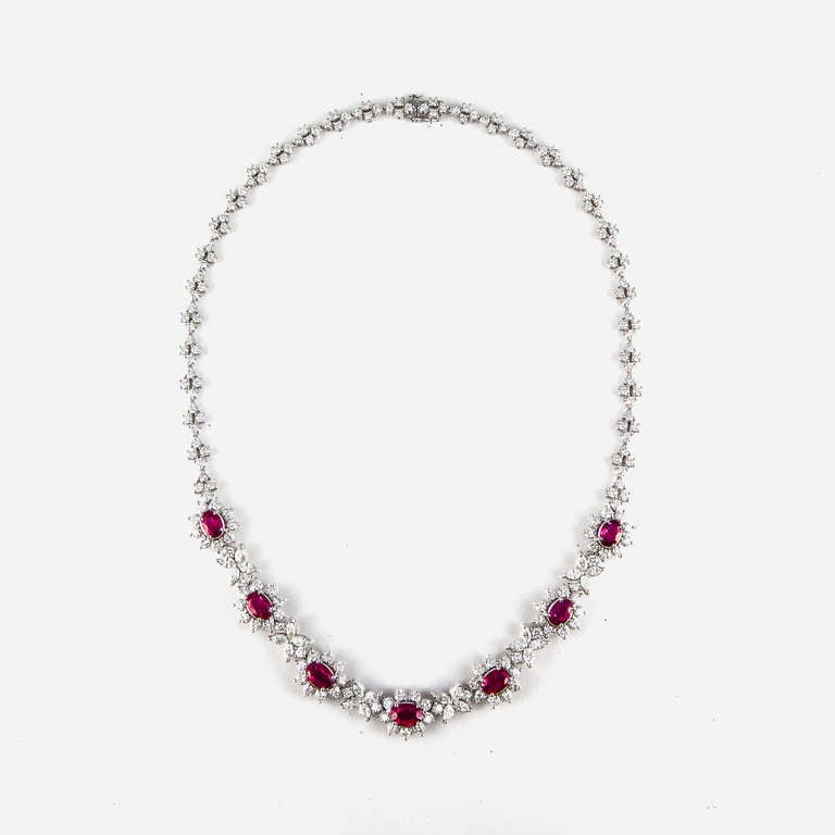 Mixed Cut Ruby and Diamond Necklace in Platinum For Sale